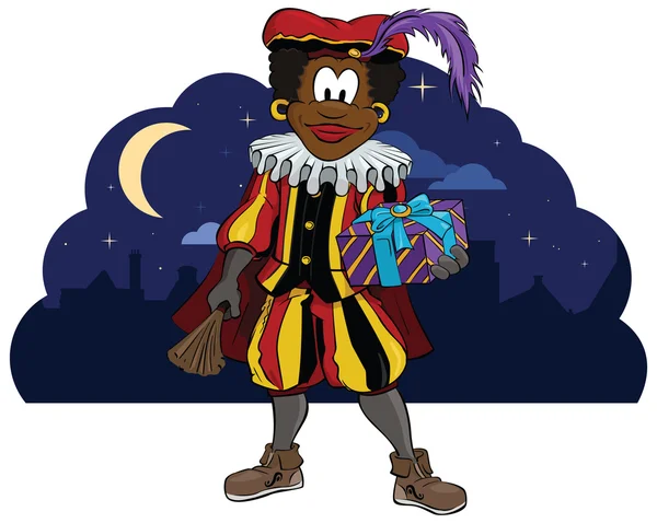 Zwarte piet mit einem Geschenk — Stockvektor