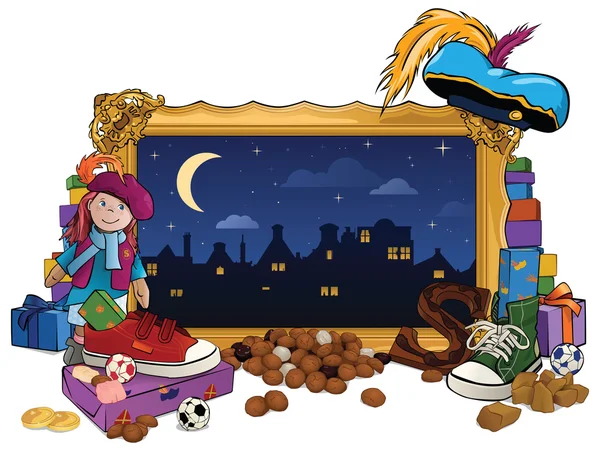 Tema Sinterklaas - Marco de imagen de oro con regalos — Vector de stock