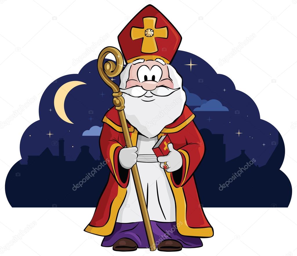 Saint Nicholas ( Sint ) with his staff and big book of names.