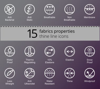 Properties of fabrics and garments simbols. Thine line vector icons.  clipart