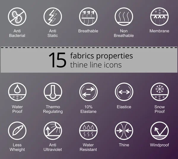 Properties of fabrics and garments simbols. Thine line vector icons. — Stock Vector