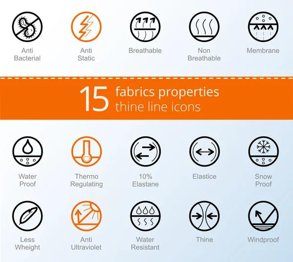 Propiedades de las telas y prendas de vestir símbolos. Iconos vectoriales de tu línea . — Archivo Imágenes Vectoriales