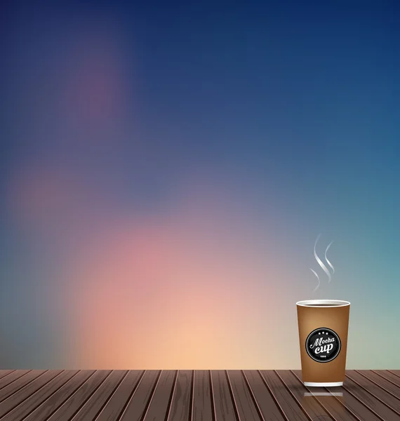Relax, Tempo di vacanza, Vacanza, Pavimento in legno con skyline sera scenario naturale sfondo con tazza di caffè — Vettoriale Stock
