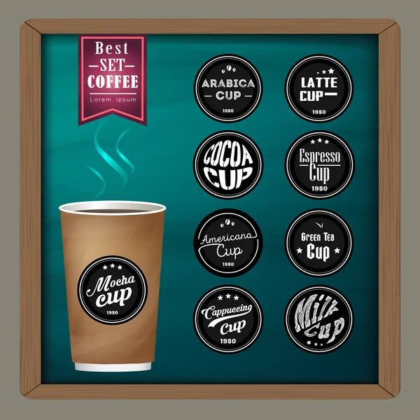 Collection of mega coffee badges and logo design on coffee cup on chalkboard — Stock Vector