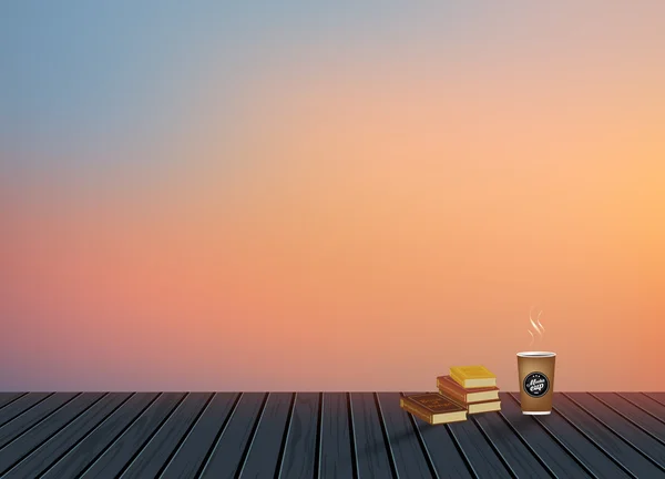 Relax, Tempo di vacanza, Vacanza, Pavimento in legno con skyline sera scenario naturale sfondo con tazza di caffè — Vettoriale Stock