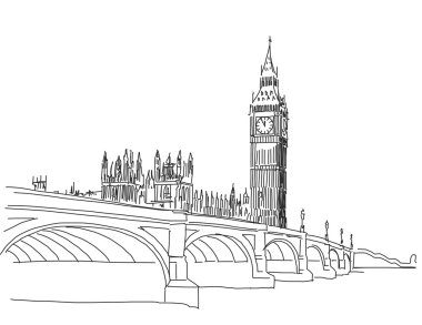 Elle çizilmiş seçme görüntülemek Big Ben ve Westminster Bridge anahat S