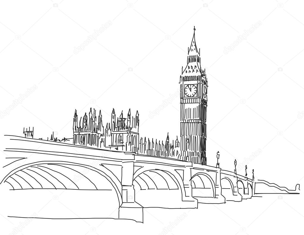 Hand drawn Popular view Big Ben and Westminster Bridge Outline S