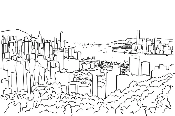 Hong Kong Downtown Panorama Outline Sketch — Stock Vector