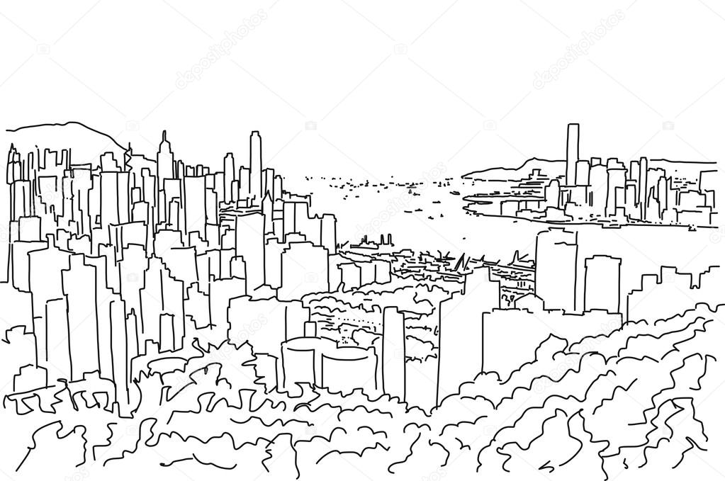 Hong Kong Downtown Panorama Outline Sketch