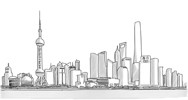 Shanghai Downtown Panorama Freehand Drawing — Stock Vector