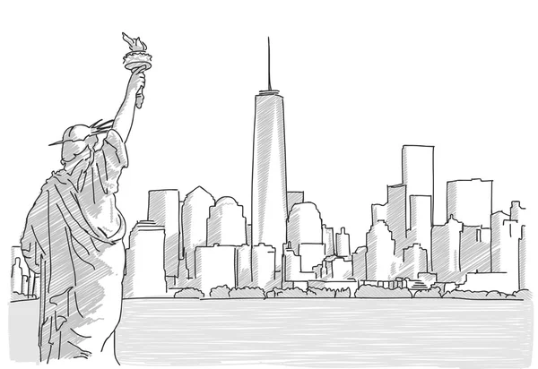 Vrije hand schets van New York City Skyline met Statue of Liberty — Stockvector