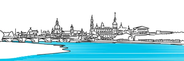 Dresden Panaroma Sketch, rivier de Elbe gekleurd — Stockvector