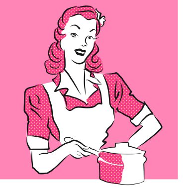 Pembe kadın Coocking, Vintage resimleri.