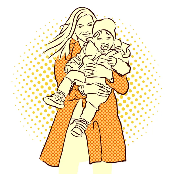 Γυναίκα με μακρύ παλτό carrys παιδί. — Διανυσματικό Αρχείο
