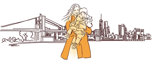 Moeder met kind voor New York Panorama — Stockvector