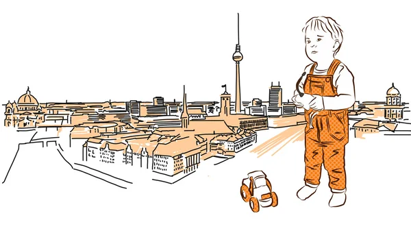 Małe dziecko odgrywa przed Panorama Berlina. — Wektor stockowy