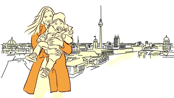 Vrouw met kind voor Berlijn panoramisch uitzicht. — Stockvector