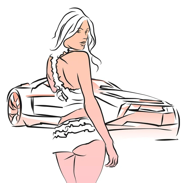 Сексуальна дівчина зі спортивним автомобілем, намальована рука Ескіз — стоковий вектор