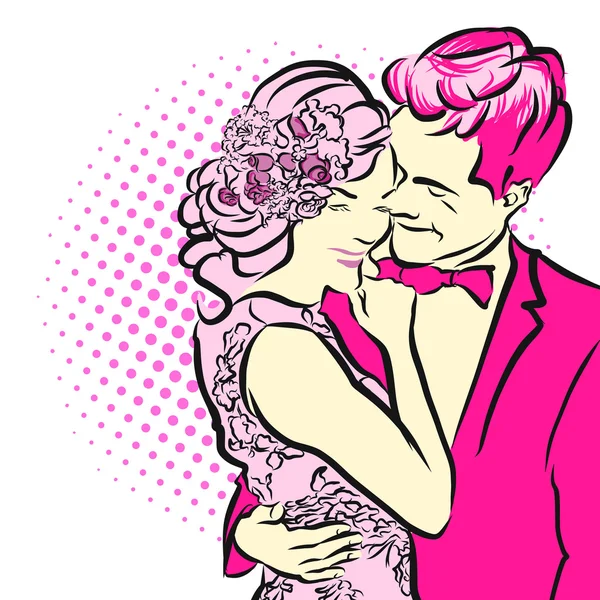結婚式のシーンは赤と紫で、ビンテージの手描きのアートワーク — ストックベクタ