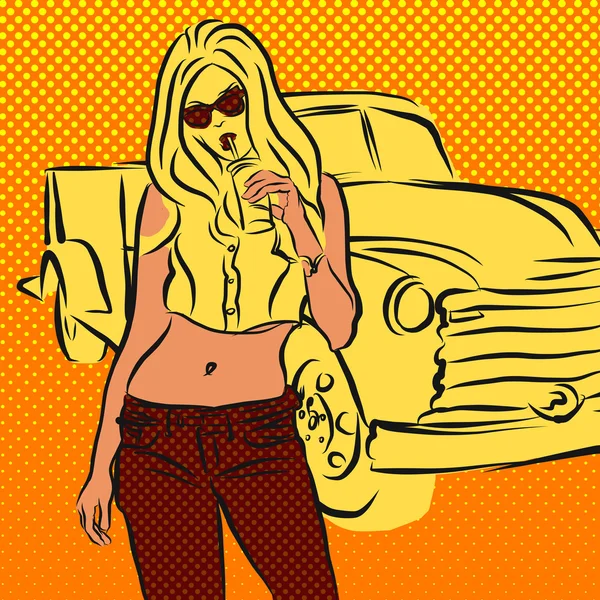 Femme jaune et vieux pick-up américain — Image vectorielle