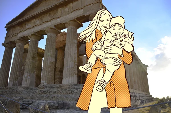 Madre y niño en frente del templo siciliano — Foto de Stock