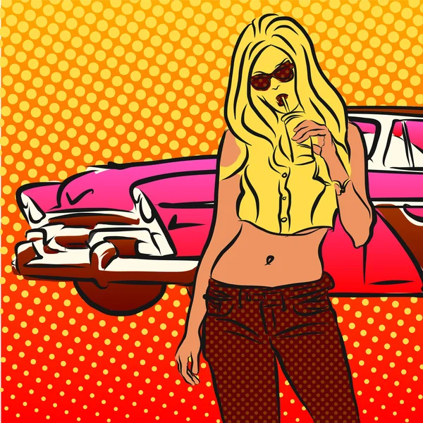 Femme aux cheveux longs avec sucette devant la vieille voiture — Image vectorielle