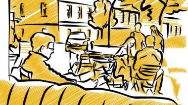 Cafe sahne açık Seyahat Blog kroki animasyon. 