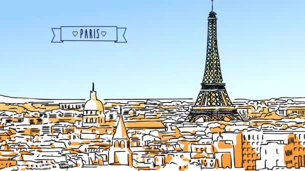 Telhados de Paris Desenho à mão obras de arte animadas — Vídeo de Stock