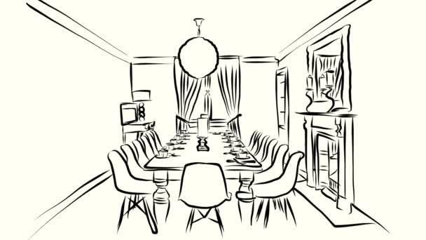 Dining room with white covered table, Hand-drawn sketched Animation — Stock Video