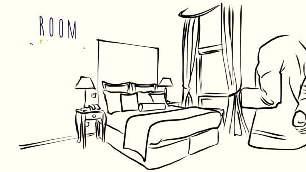 Camarera con vasos llenos en Hotel Room Concept Obras de Arte — Vídeo de stock