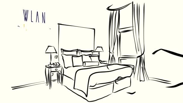 Conectividad inalámbrica en la habitación del hotel, animación dibujada a mano — Vídeo de stock