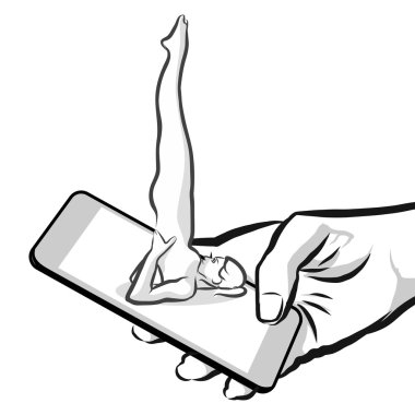 Kadın çalışmaları stand yoga smarthone üzerinde kavram Drawin omuz.