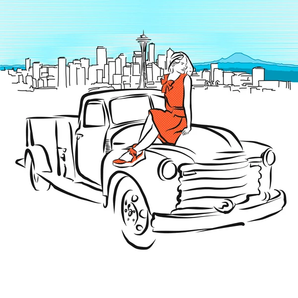 Pickup och flicka framför Seattle Panorama — Stock vektor