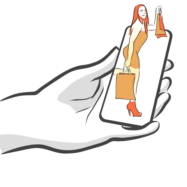 Vrouw met tassen op Smartphone, Concept — Stockvector