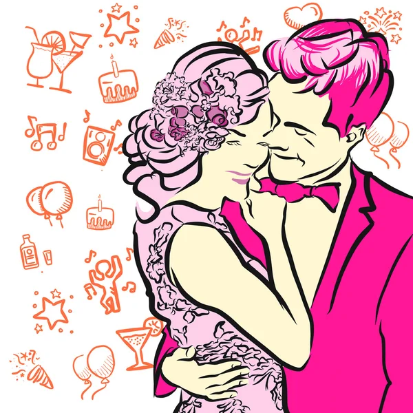 Vintage Wedding Couple with party doodles in Background — Stock Vector