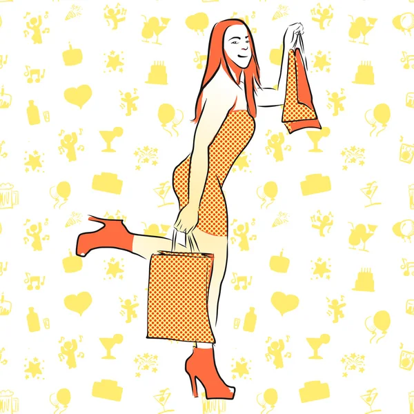 Mode sexy fille avec des sacs et des articles doodle — Image vectorielle