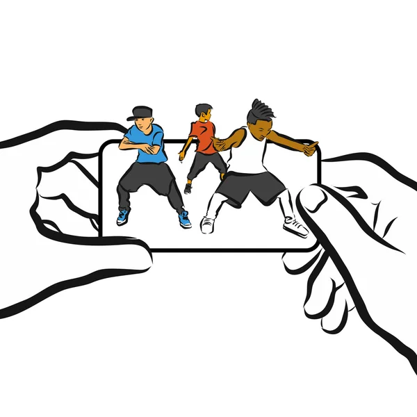 Los niños bailan en el teléfono celular, Concept App Design , — Vector de stock