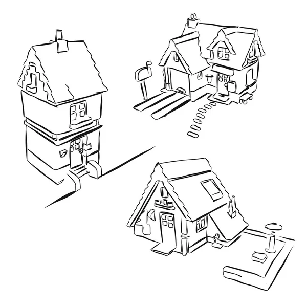 Tres casas bosquejo en miniatura Doodles — Vector de stock