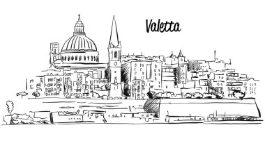 Valetta, Malta. Panorama Waterfront anahat vektör kroki