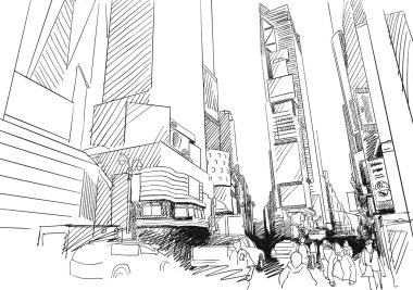 Time Square, New York şehri. Çizilmiş vektör anahat kroki