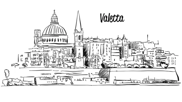 Valetta, Malta. Panorama nábřeží osnovy vektor skica — Stockový vektor