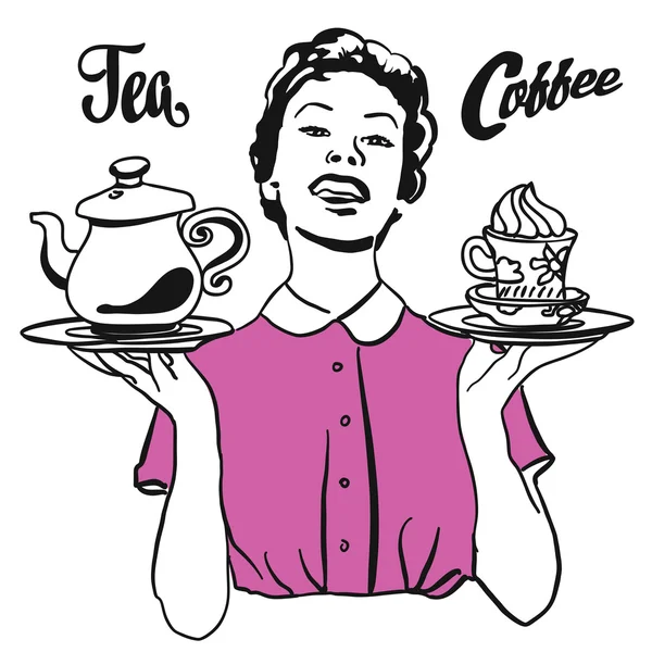 Vintage serveerster presenteert koffie en thee — Stockvector