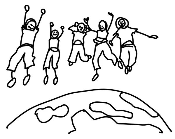 Παιδιά σκιαγραφημένο Doodle άλμα πάνω από τη γη — Διανυσματικό Αρχείο