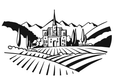 Bağ ikonografik siyah beyaz illüstrasyon çizdi