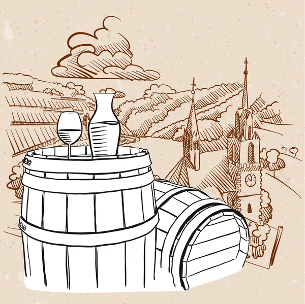 Ilustración del viñedo con barril esbozado y copa de vid — Vector de stock