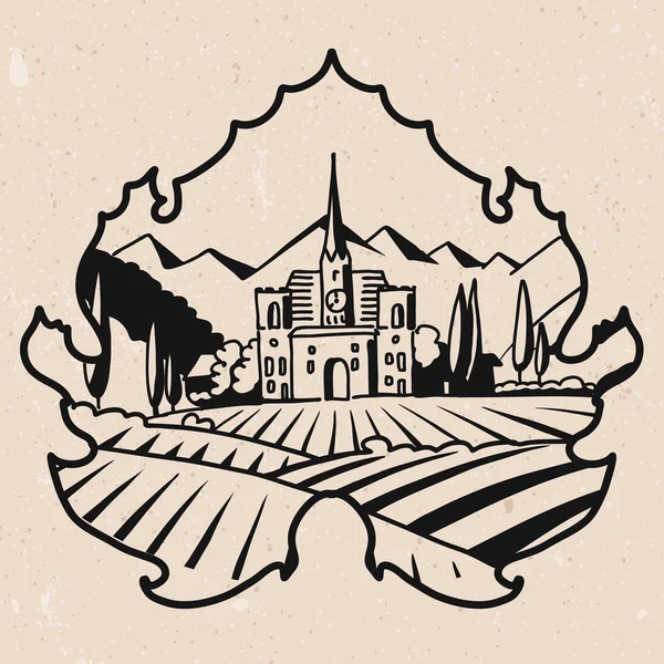 Vineyard Villa dengan Fields Logo di Outlined Leaf - Stok Vektor
