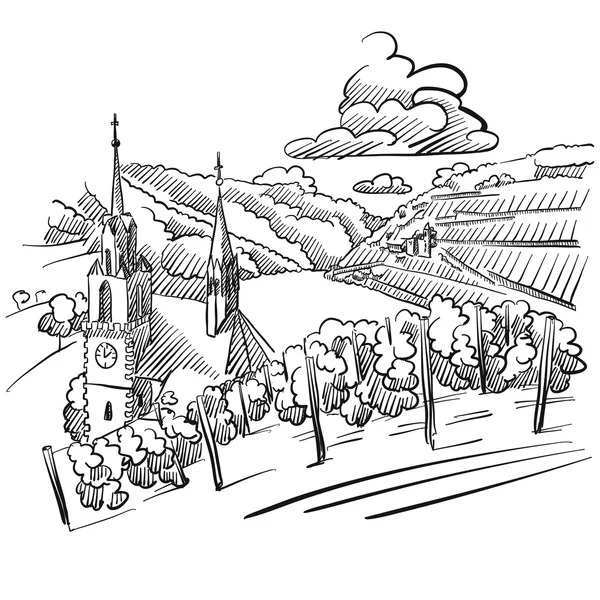 Croquis du vignoble allemand avec église, rivière et collines — Image vectorielle