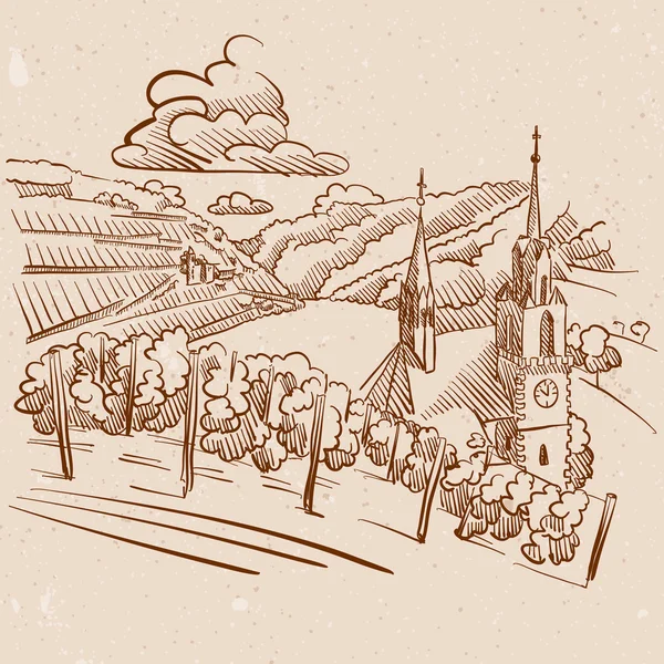 Vintage Wineyard Sketch Brown Design colorato — Vettoriale Stock