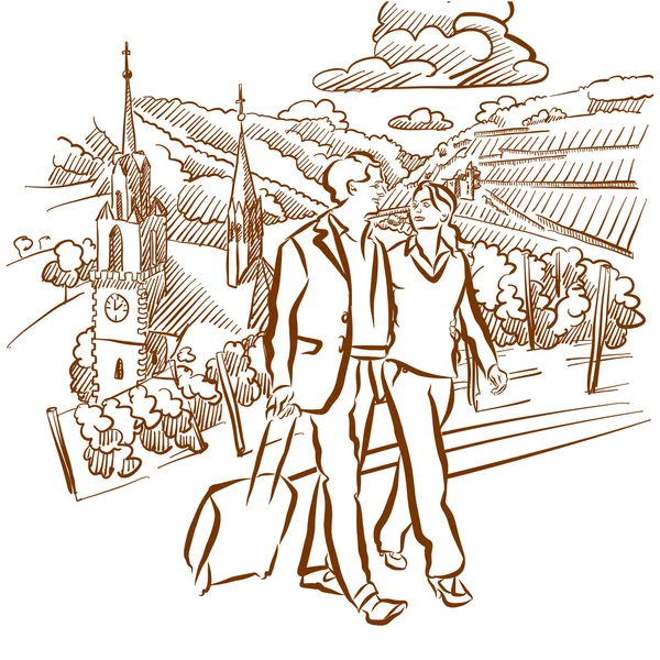 Pareja de vacaciones en viñedo Paisaje — Vector de stock