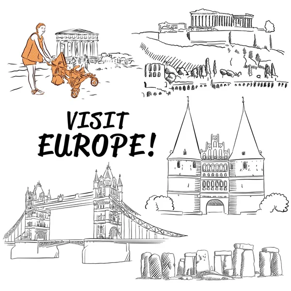 Famosos edificios de vacaciones europeos Bocetos — Archivo Imágenes Vectoriales